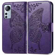 Coque Portefeuille Papillon Livre Cuir Etui Clapet pour Xiaomi Mi 12 5G Violet