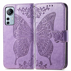Coque Portefeuille Papillon Livre Cuir Etui Clapet pour Xiaomi Mi 12 5G Violet Clair