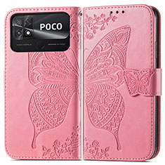 Coque Portefeuille Papillon Livre Cuir Etui Clapet pour Xiaomi Poco C40 Rose Rouge