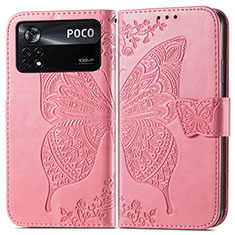 Coque Portefeuille Papillon Livre Cuir Etui Clapet pour Xiaomi Poco X4 Pro 5G Rose Rouge