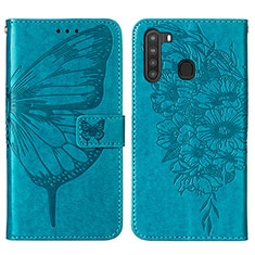 Coque Portefeuille Papillon Livre Cuir Etui Clapet Y01B pour Samsung Galaxy A21 Bleu