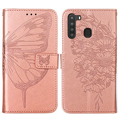 Coque Portefeuille Papillon Livre Cuir Etui Clapet Y01B pour Samsung Galaxy A21 Or Rose