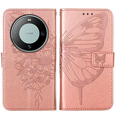 Coque Portefeuille Papillon Livre Cuir Etui Clapet YB2 pour Huawei Mate 60 Or Rose