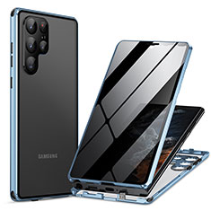 Coque Rebord Bumper Luxe Aluminum Metal Miroir 360 Degres Housse Etui Aimant LK1 pour Samsung Galaxy S22 Ultra 5G Bleu