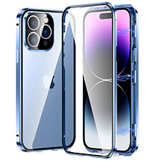 Coque Rebord Bumper Luxe Aluminum Metal Miroir 360 Degres Housse Etui Aimant LO1 pour Apple iPhone 14 Pro Bleu