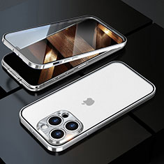 Coque Rebord Bumper Luxe Aluminum Metal Miroir 360 Degres Housse Etui Aimant M01 pour Apple iPhone 14 Pro Argent
