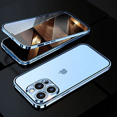 Coque Rebord Bumper Luxe Aluminum Metal Miroir 360 Degres Housse Etui Aimant M01 pour Apple iPhone 14 Pro Max Bleu
