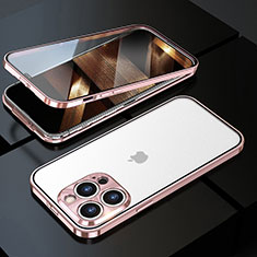 Coque Rebord Bumper Luxe Aluminum Metal Miroir 360 Degres Housse Etui Aimant M01 pour Apple iPhone 14 Pro Or Rose