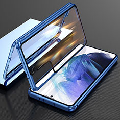 Coque Rebord Bumper Luxe Aluminum Metal Miroir 360 Degres Housse Etui Aimant M01 pour Samsung Galaxy S21 5G Bleu