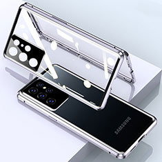 Coque Rebord Bumper Luxe Aluminum Metal Miroir 360 Degres Housse Etui Aimant M01 pour Samsung Galaxy S22 Ultra 5G Argent