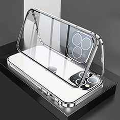 Coque Rebord Bumper Luxe Aluminum Metal Miroir 360 Degres Housse Etui Aimant M02 pour Apple iPhone 13 Pro Argent