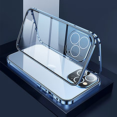 Coque Rebord Bumper Luxe Aluminum Metal Miroir 360 Degres Housse Etui Aimant M02 pour Apple iPhone 14 Pro Bleu