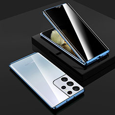Coque Rebord Bumper Luxe Aluminum Metal Miroir 360 Degres Housse Etui Aimant M02 pour Samsung Galaxy S22 Ultra 5G Bleu