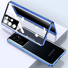Coque Rebord Bumper Luxe Aluminum Metal Miroir 360 Degres Housse Etui Aimant M03 pour Samsung Galaxy S22 Ultra 5G Bleu