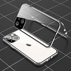 Coque Rebord Bumper Luxe Aluminum Metal Miroir 360 Degres Housse Etui Aimant M04 pour Apple iPhone 14 Argent