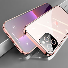 Coque Rebord Bumper Luxe Aluminum Metal Miroir 360 Degres Housse Etui Aimant M05 pour Apple iPhone 13 Pro Max Or Rose