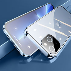 Coque Rebord Bumper Luxe Aluminum Metal Miroir 360 Degres Housse Etui Aimant M05 pour Apple iPhone 14 Bleu