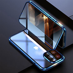 Coque Rebord Bumper Luxe Aluminum Metal Miroir 360 Degres Housse Etui Aimant M08 pour Apple iPhone 14 Pro Bleu