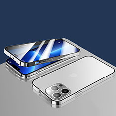 Coque Rebord Bumper Luxe Aluminum Metal Miroir 360 Degres Housse Etui Aimant M10 pour Apple iPhone 13 Pro Argent