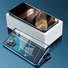 Coque Rebord Bumper Luxe Aluminum Metal Miroir 360 Degres Housse Etui Aimant pour Apple iPhone 14 Pro Bleu