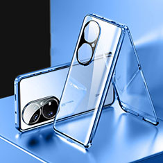 Coque Rebord Bumper Luxe Aluminum Metal Miroir 360 Degres Housse Etui Aimant pour Huawei P50 Bleu