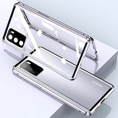 Coque Rebord Bumper Luxe Aluminum Metal Miroir 360 Degres Housse Etui Aimant pour Oppo A16 Argent
