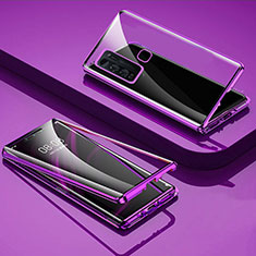 Coque Rebord Bumper Luxe Aluminum Metal Miroir 360 Degres Housse Etui Aimant pour Vivo Y50 Violet