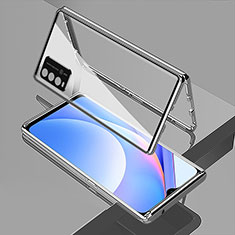 Coque Rebord Bumper Luxe Aluminum Metal Miroir 360 Degres Housse Etui Aimant pour Xiaomi Redmi 9T 4G Argent