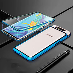 Coque Rebord Bumper Luxe Aluminum Metal Miroir 360 Degres Housse Etui Aimant T01 pour Samsung Galaxy A80 Bleu