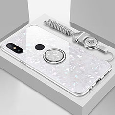 Coque Rebord Contour Silicone et Vitre Miroir Housse Etui avec Support Bague Anneau Magnetique A01 pour Xiaomi Mi 6X Blanc