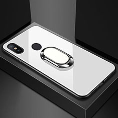 Coque Rebord Contour Silicone et Vitre Miroir Housse Etui avec Support Bague Anneau Magnetique A01 pour Xiaomi Mi A2 Lite Blanc