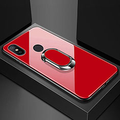 Coque Rebord Contour Silicone et Vitre Miroir Housse Etui avec Support Bague Anneau Magnetique A01 pour Xiaomi Mi A2 Lite Rouge