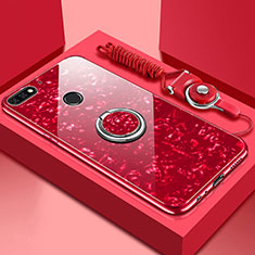 Coque Rebord Contour Silicone et Vitre Miroir Housse Etui avec Support Bague Anneau Magnetique M01 pour Huawei Y6 (2018) Rouge