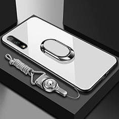 Coque Rebord Contour Silicone et Vitre Miroir Housse Etui avec Support Bague Anneau Magnetique pour Huawei Enjoy 10 Blanc