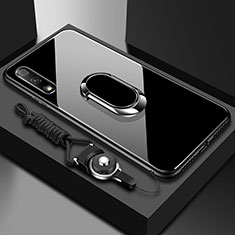 Coque Rebord Contour Silicone et Vitre Miroir Housse Etui avec Support Bague Anneau Magnetique pour Huawei Enjoy 10 Noir