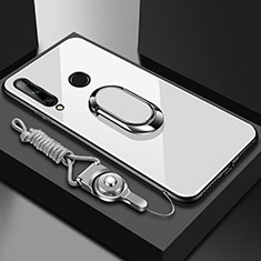 Coque Rebord Contour Silicone et Vitre Miroir Housse Etui avec Support Bague Anneau Magnetique pour Huawei Enjoy 10 Plus Blanc