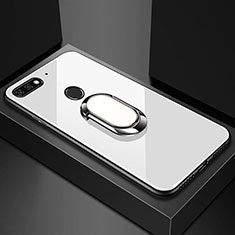 Coque Rebord Contour Silicone et Vitre Miroir Housse Etui avec Support Bague Anneau Magnetique pour Huawei Enjoy 8e Blanc