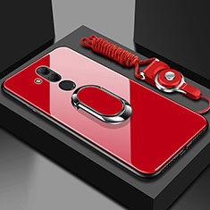 Coque Rebord Contour Silicone et Vitre Miroir Housse Etui avec Support Bague Anneau Magnetique pour Huawei Mate 20 Lite Rouge