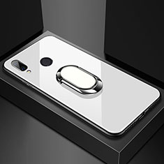 Coque Rebord Contour Silicone et Vitre Miroir Housse Etui avec Support Bague Anneau Magnetique pour Huawei Nova 3e Blanc