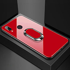 Coque Rebord Contour Silicone et Vitre Miroir Housse Etui avec Support Bague Anneau Magnetique pour Huawei Nova 3e Rouge