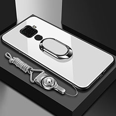 Coque Rebord Contour Silicone et Vitre Miroir Housse Etui avec Support Bague Anneau Magnetique pour Huawei Nova 5i Pro Blanc