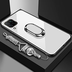 Coque Rebord Contour Silicone et Vitre Miroir Housse Etui avec Support Bague Anneau Magnetique pour Huawei P40 Lite Blanc