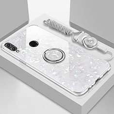 Coque Rebord Contour Silicone et Vitre Miroir Housse Etui avec Support Bague Anneau Magnetique pour Huawei Y9 (2019) Blanc