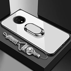 Coque Rebord Contour Silicone et Vitre Miroir Housse Etui avec Support Bague Anneau Magnetique pour OnePlus 7T Blanc