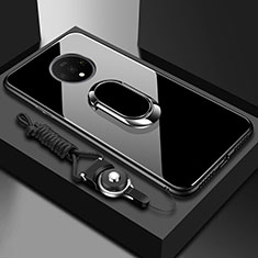 Coque Rebord Contour Silicone et Vitre Miroir Housse Etui avec Support Bague Anneau Magnetique pour OnePlus 7T Noir