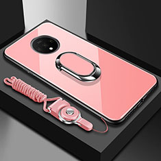 Coque Rebord Contour Silicone et Vitre Miroir Housse Etui avec Support Bague Anneau Magnetique pour OnePlus 7T Or Rose