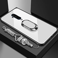 Coque Rebord Contour Silicone et Vitre Miroir Housse Etui avec Support Bague Anneau Magnetique pour OnePlus 7T Pro 5G Blanc