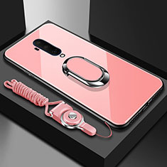 Coque Rebord Contour Silicone et Vitre Miroir Housse Etui avec Support Bague Anneau Magnetique pour OnePlus 7T Pro 5G Or Rose