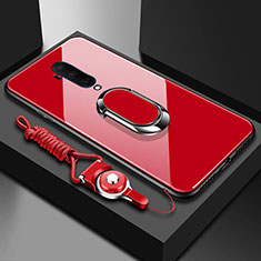 Coque Rebord Contour Silicone et Vitre Miroir Housse Etui avec Support Bague Anneau Magnetique pour OnePlus 7T Pro Rouge