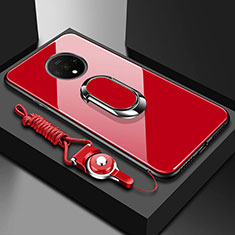 Coque Rebord Contour Silicone et Vitre Miroir Housse Etui avec Support Bague Anneau Magnetique pour OnePlus 7T Rouge